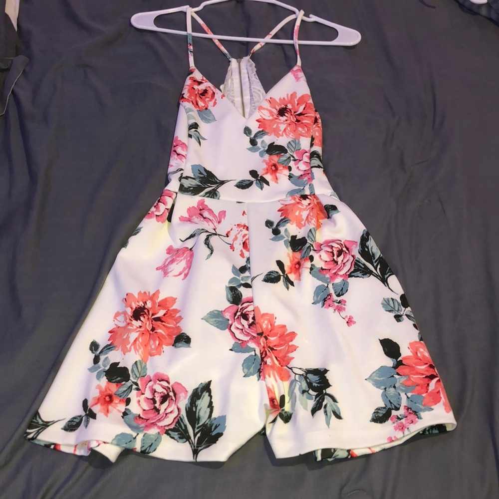 white floral laced romper with open back